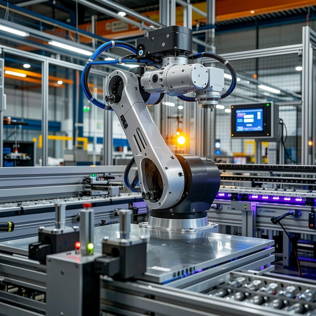 Advanced factory automation robotic arm operating on a modern industrial production line