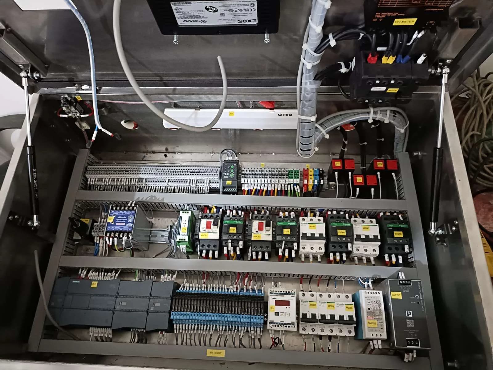 PLC and motor control components inside a pharmaceutical process equipment panel